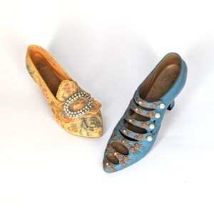 Elegant Miniature Blue and Gold Embellished Shoes figurine collectibles. Vintage